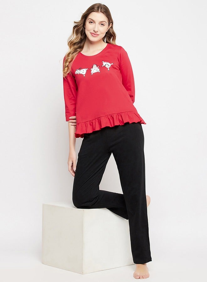 Clovia Graphic Print Top in Red & Chic Basic Pyjama in Black - 100% Cotton - Image 1