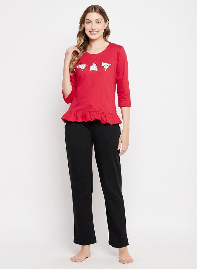 Clovia Graphic Print Top in Red & Chic Basic Pyjama in Black - 100% Cotton - Image 2
