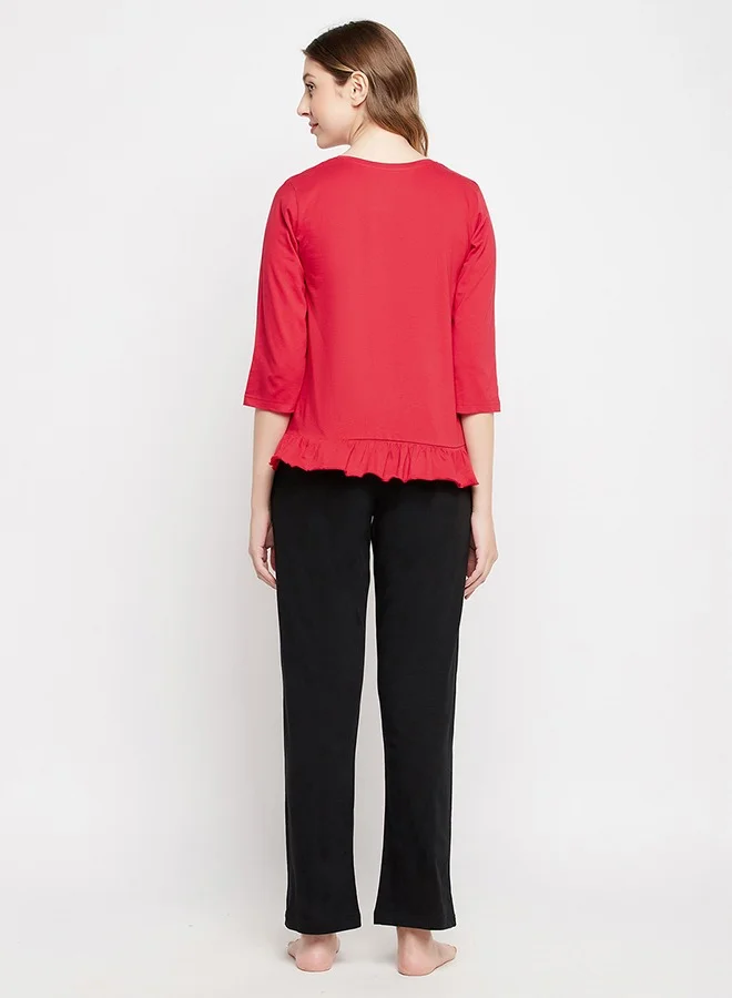 Clovia Clovia Graphic Print Top in Red & Chic Basic Pyjama in Black - 100% Cotton