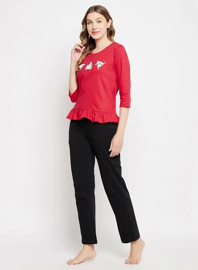 Clovia Clovia Graphic Print Top in Red & Chic Basic Pyjama in Black - 100% Cotton