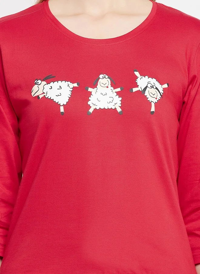 Clovia Clovia Graphic Print Top in Red & Chic Basic Pyjama in Black - 100% Cotton