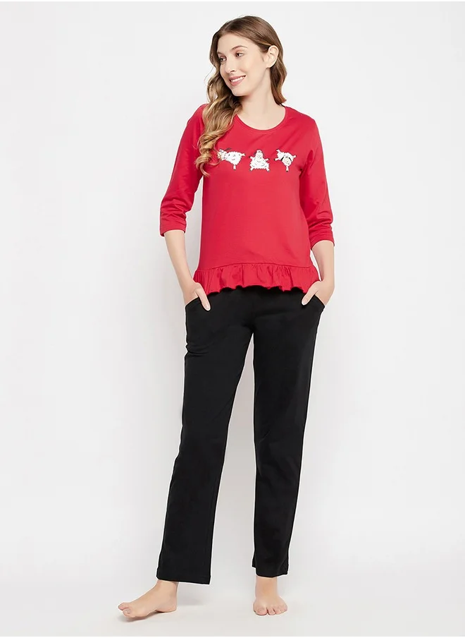 Clovia Clovia Graphic Print Top in Red & Chic Basic Pyjama in Black - 100% Cotton