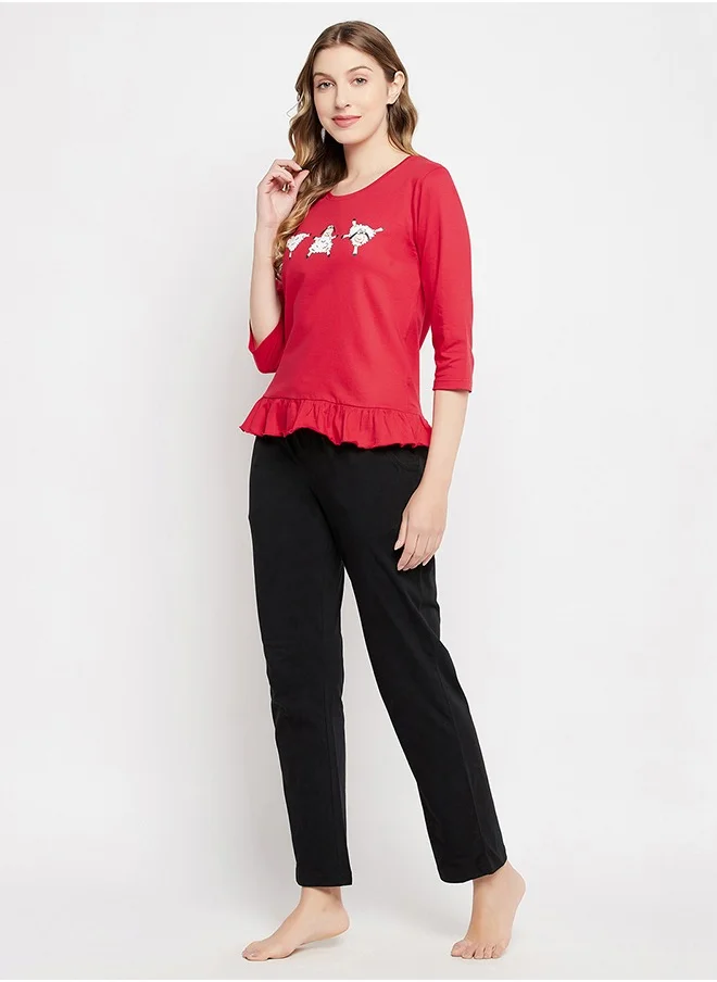 Clovia Clovia Graphic Print Top in Red & Chic Basic Pyjama in Black - 100% Cotton