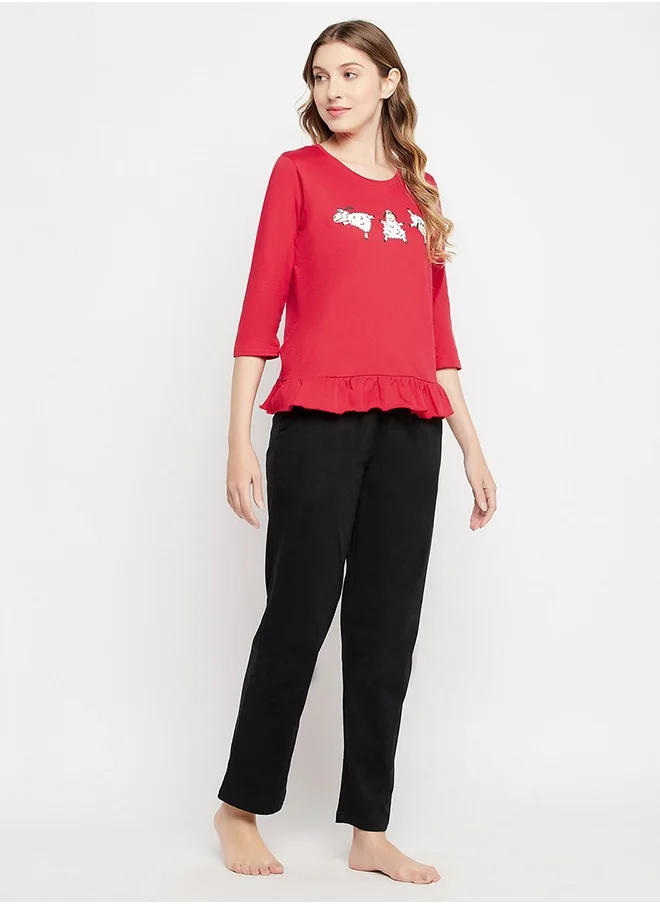 Clovia Clovia Graphic Print Top in Red & Chic Basic Pyjama in Black - 100% Cotton