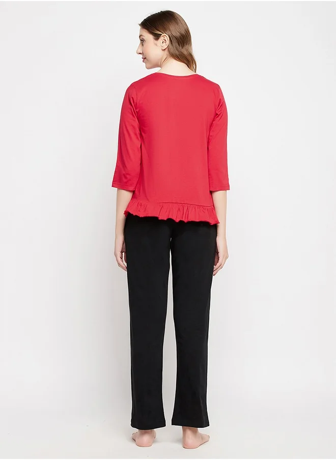 Clovia Clovia Graphic Print Top in Red & Chic Basic Pyjama in Black - 100% Cotton