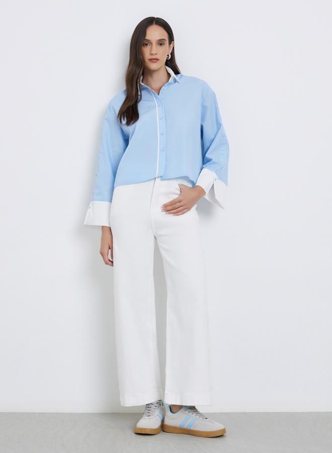 ستايلي بنطال جينز سادة بخصر متوسط وقصة أرجل واسعة - Image 1