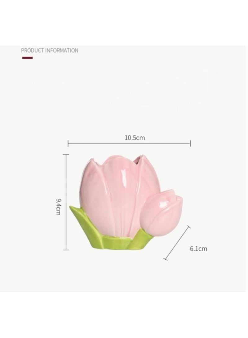 PAPERSAY Ceramic Pen Holder, Makeup Brush Holder, Tulip Shaped Pen Holder, Desk Decoration for Pens, Makeup Brushes, Stationery (10.5x 9.4 x 6.1 cm/Pink ) - Image 2