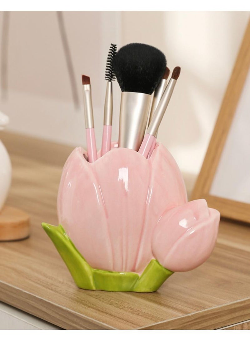 PAPERSAY Ceramic Pen Holder, Makeup Brush Holder, Tulip Shaped Pen Holder, Desk Decoration for Pens, Makeup Brushes, Stationery (10.5x 9.4 x 6.1 cm/Pink ) - Image 4
