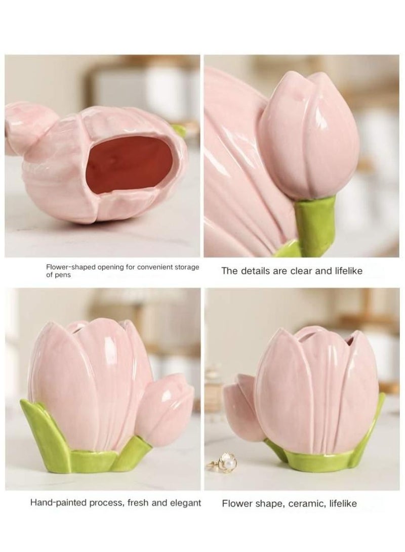 PAPERSAY Ceramic Pen Holder, Makeup Brush Holder, Tulip Shaped Pen Holder, Desk Decoration for Pens, Makeup Brushes, Stationery (10.5x 9.4 x 6.1 cm/Pink ) - Image 3