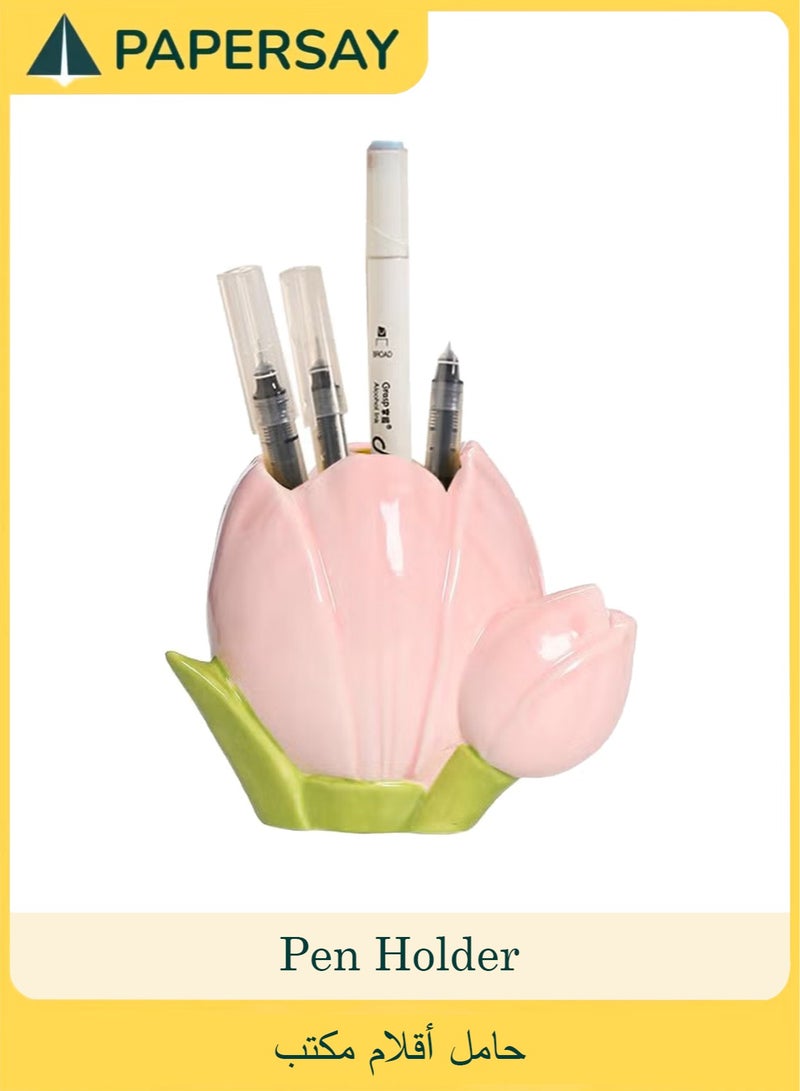 PAPERSAY Ceramic Pen Holder, Makeup Brush Holder, Tulip Shaped Pen Holder, Desk Decoration for Pens, Makeup Brushes, Stationery (10.5x 9.4 x 6.1 cm/Pink ) - Image 1