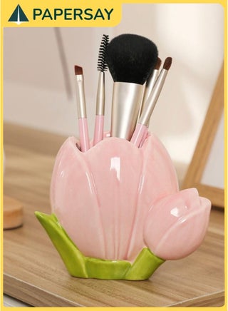 Ceramic Tulip Pen Holder, Pink Makeup Brush Holder – Cute Desk Organizer for Pens, Brushes & Stationery (10.5×9.4×6.1 cm) - view 4