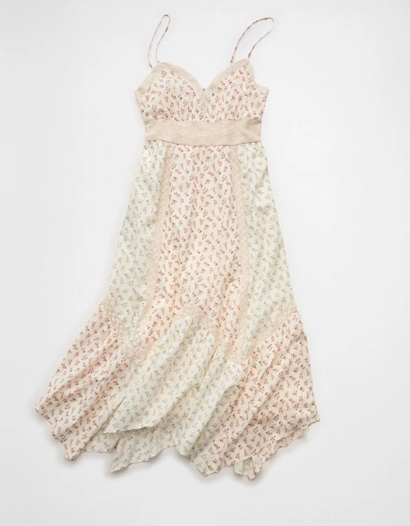 American Eagle  AE V-Neck Lace Inset Hanky Hem Midi Dress for Women | Best Price UAE