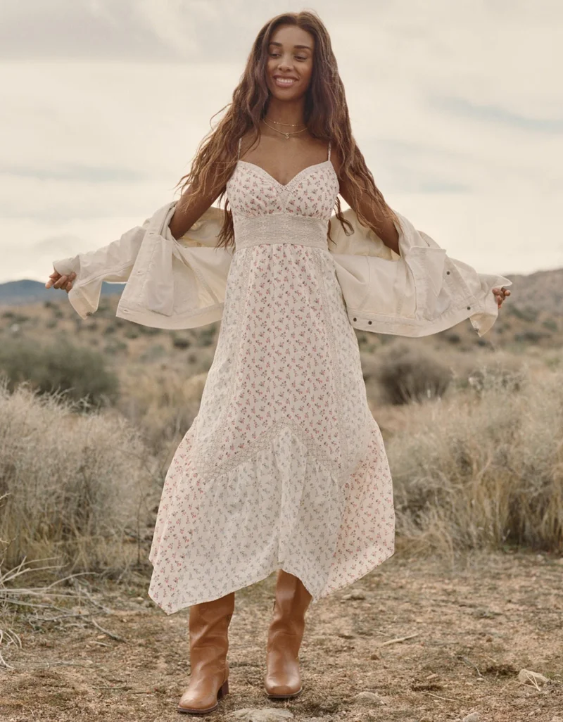 American Eagle  AE V-Neck Lace Inset Hanky Hem Midi Dress for Women | Best Price UAE