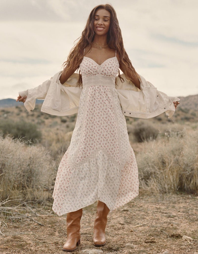 American Eagle AE V-Neck Lace Inset Hanky Hem Midi Dress - Image 3
