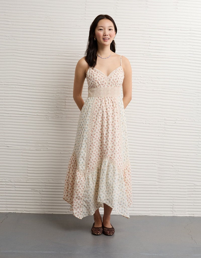 American Eagle AE V-Neck Lace Inset Hanky Hem Midi Dress - Image 1
