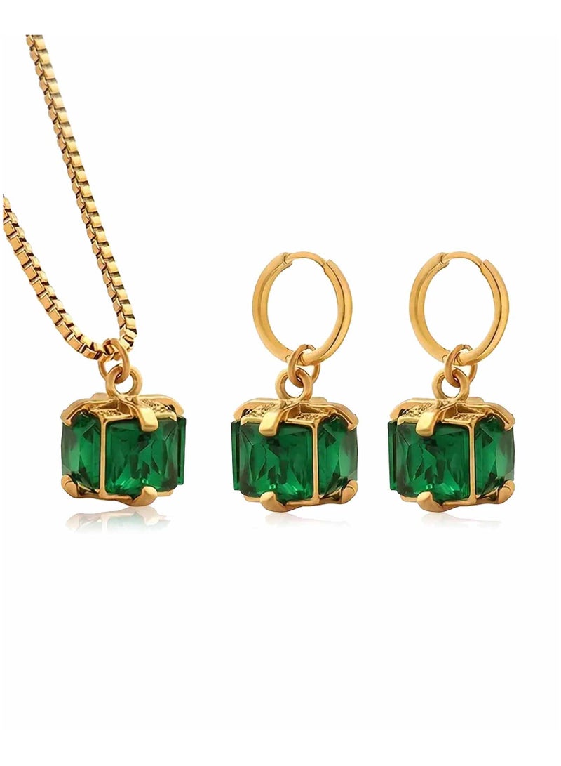 كاف كريشنس طقم مجوهرات من كريستال الزمرد، مصنوع من الفولاذ المقاوم للصدأ مطلي بالذهب عيار 18 قيراط، وقلادة وأقراط دائرية للنساء والفتيات - Image 1