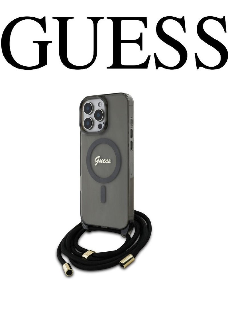 CG MOBILE iPhone 16 Pro Case, supports wireless charging and has a neck strap, with an original design and approved by the global brand GUESS in Clear black  - Image 1