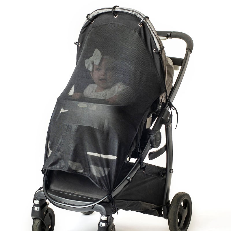IntiMom Stroller Sunshade XL Black Universal Adjustable SPF 30 Sunshade with See Through Stroller Canopy Extender Mesh Net Cover for Sun Protection