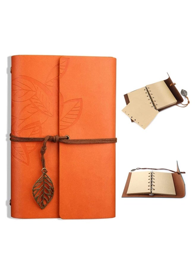 Vintage Leather Notebook, Retro Writing Journal Diary Pu Leather Cover, Leaf Pattern Spiral Blank String Daily Notepad, Art Sketchbook, Retro Pendants, Classic Embossed, Loose Leaf Orange - Image 1