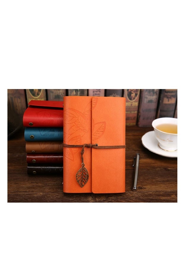 Vintage Leather Notebook, Retro Writing Journal Diary Pu Leather Cover, Leaf Pattern Spiral Blank String Daily Notepad, Art Sketchbook, Retro Pendants, Classic Embossed, Loose Leaf Orange - Image 2