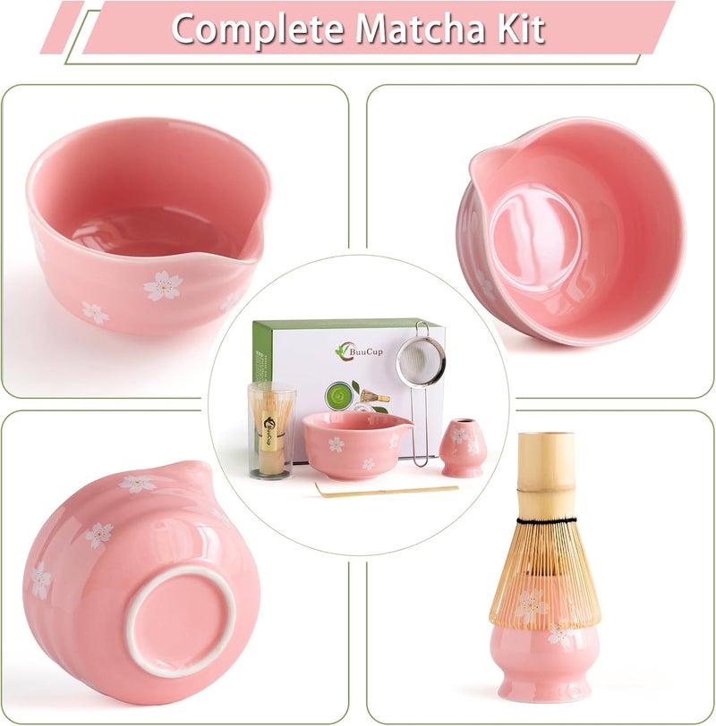 Buucup Matcha Whisk Set, Matcha Bowl with Spout, Matcha Whisk and Holder, Bamboo Matcha Scoop and Stainless Sifter，Ceramic Matcha Bowl Set (Pink) - Image 4