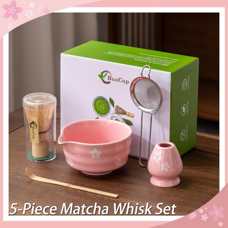 Buucup Matcha Whisk Set, Matcha Bowl with Spout, Matcha Whisk and Holder, Bamboo Matcha Scoop and Stainless Sifter，Ceramic Matcha Bowl Set (Pink) - Image 2