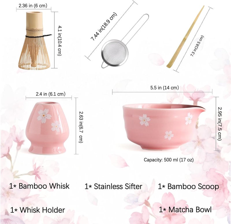 Buucup Matcha Whisk Set, Matcha Bowl with Spout, Matcha Whisk and Holder, Bamboo Matcha Scoop and Stainless Sifter，Ceramic Matcha Bowl Set (Pink) - Image 3