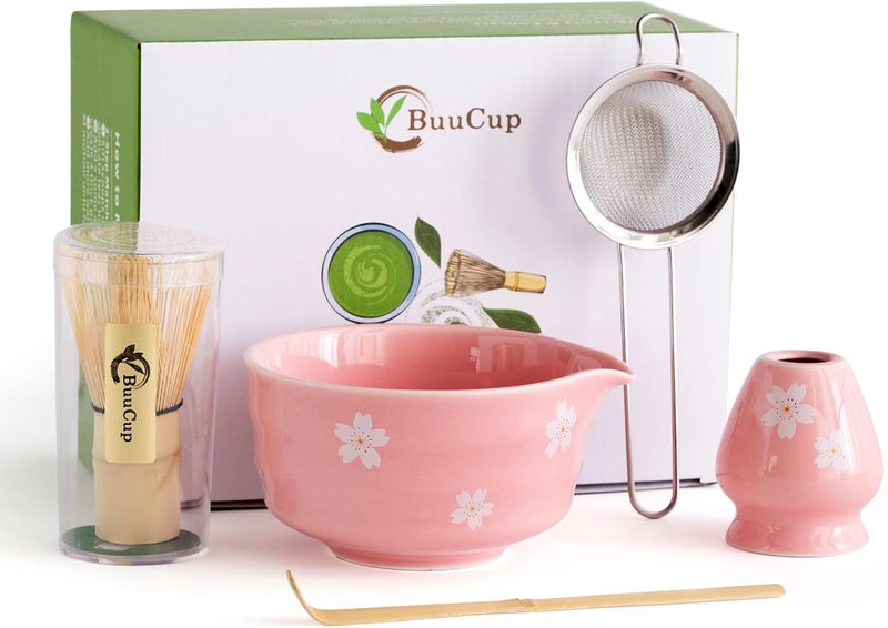 Buucup Matcha Whisk Set, Matcha Bowl with Spout, Matcha Whisk and Holder, Bamboo Matcha Scoop and Stainless Sifter，Ceramic Matcha Bowl Set (Pink) - Image 1
