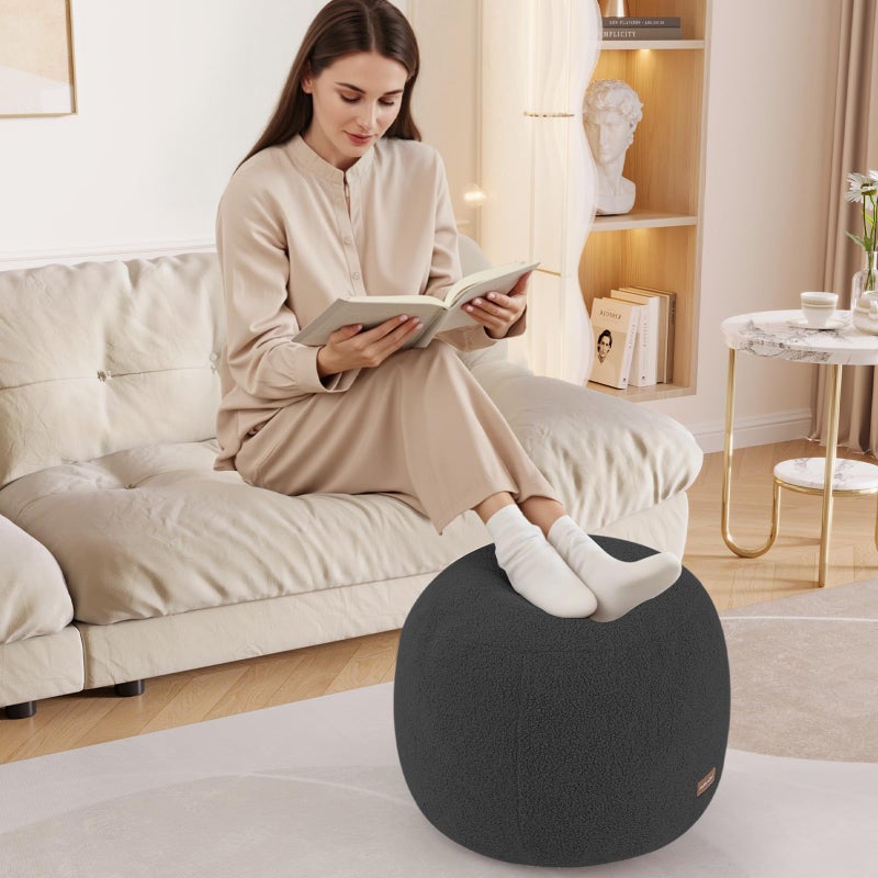 MeMoreCool Round Pouf Ottoman â€“ 20x20x15 Inch Stuffed Footrest with Foam Filling, Dark Grey Small Circle Footstool for Living Room | Soft Teddy Fleece Cover | Washable Compact Floor Pouf - Image 3