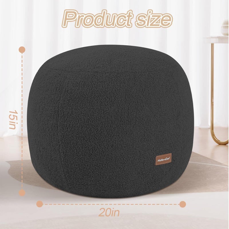 MeMoreCool Round Pouf Ottoman â€“ 20x20x15 Inch Stuffed Footrest with Foam Filling, Dark Grey Small Circle Footstool for Living Room | Soft Teddy Fleece Cover | Washable Compact Floor Pouf - Image 2