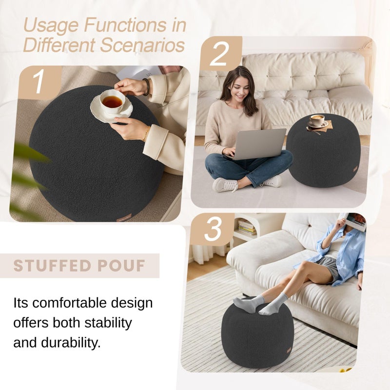 MeMoreCool Round Pouf Ottoman â€“ 20x20x15 Inch Stuffed Footrest with Foam Filling, Dark Grey Small Circle Footstool for Living Room | Soft Teddy Fleece Cover | Washable Compact Floor Pouf - Image 4