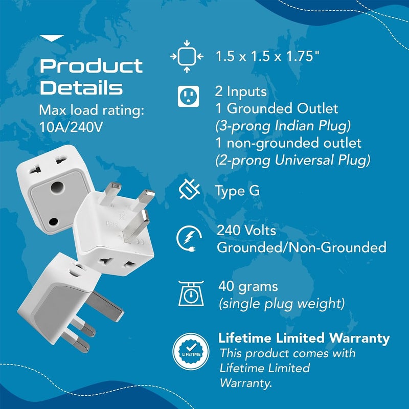 Ceptics UK Adapter for Indian Pins, Type G Plug Adapter with Dual Inputs, India to UAE Adapter, Ireland Plug - 2 in 1 UK Adapter for Laptops, Phones, Chargers - CE - RoHS, 3 Pack, 5 Years Warranty - Image 3