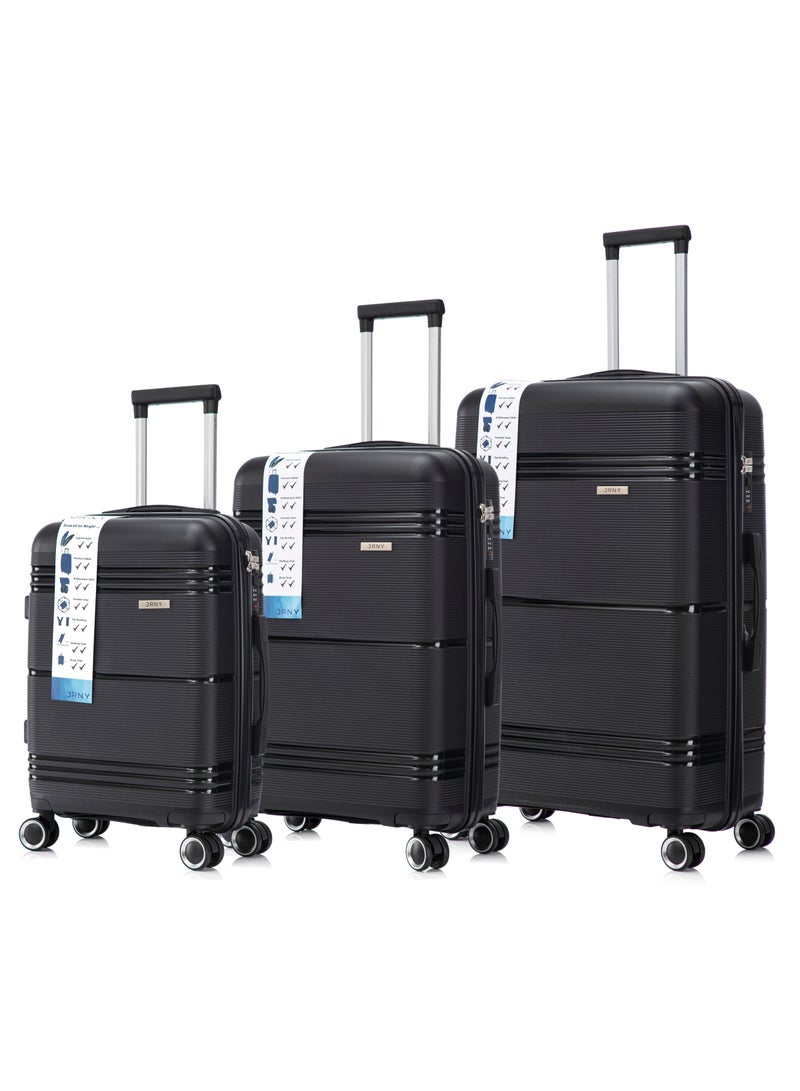 JRNY Hard Case Luggage Set of 3 – 20", 24", 28" Polypropylene, 8 Silent 360° Spinner Wheels – Black (PP 906) - Image 1