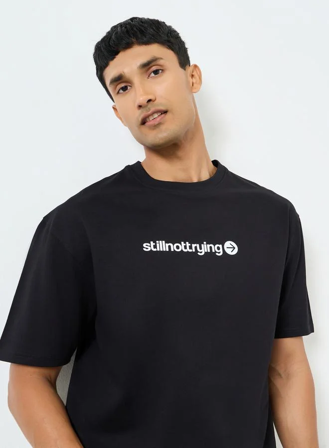 Styli Men Black Graphic Print Cotton Oversized T-Shirt