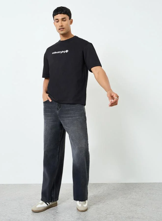 Styli Men Black Graphic Print Cotton Oversized T-Shirt