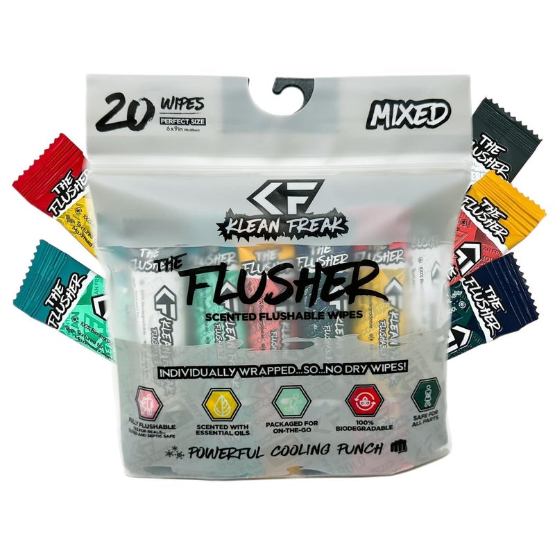 Klean Freak THE KLEAN FREAK FLUSHER - Flushable Wipes For Adults & Kids - 100% BIODEGRADABLE Individual Wrapped Travel WET Wipe for Toilet - Soothing Aloe & Witch Hazel - Alcohol Free 20 Pack - Mixed - Image 1