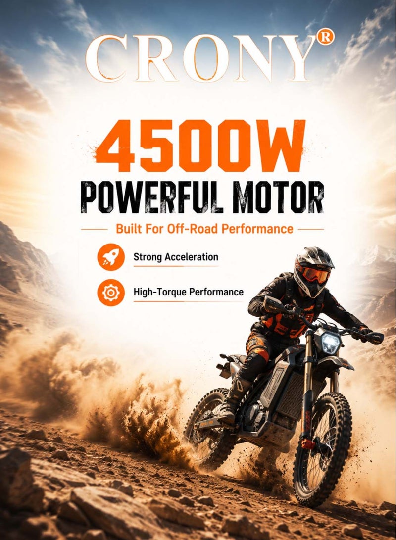CRONY-08 4500W Electric Dirt Bike, 60V 27AH Battery, 35-55-80KM/H 3-Speed Modes, 55-75KM Range, E-Dirt Bike, Electric Off-Road Motorcycle, Electric Motorbike, Off-Road Bike, Trail Bike, Enduro Motorcycle, Dual Suspension, Disc Brakes, 17/14 Inch Off-Road Tires, 130KG Max Load, LED Headlight, Bluetooth Speaker - Image 2