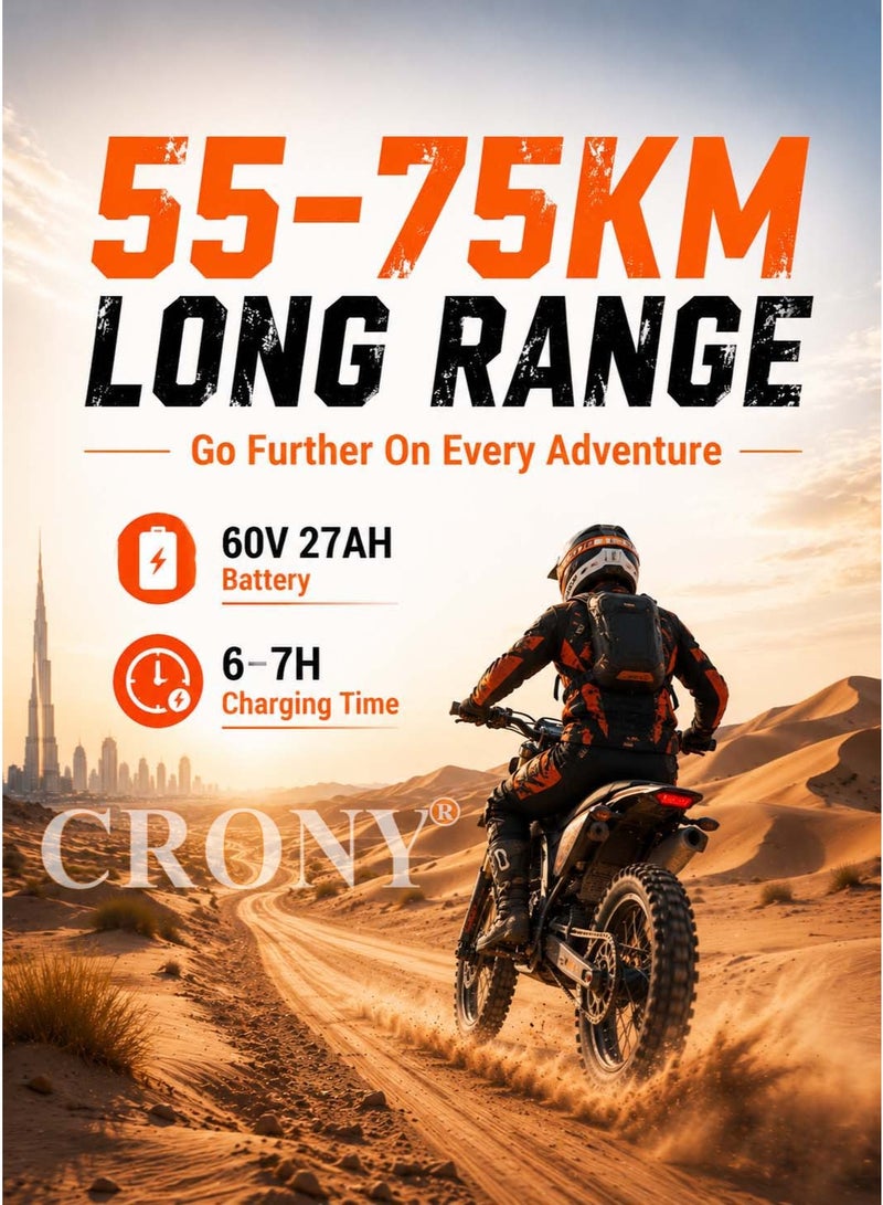 CRONY-08 4500W Electric Dirt Bike, 60V 27AH Battery, 35-55-80KM/H 3-Speed Modes, 55-75KM Range, E-Dirt Bike, Electric Off-Road Motorcycle, Electric Motorbike, Off-Road Bike, Trail Bike, Enduro Motorcycle, Dual Suspension, Disc Brakes, 17/14 Inch Off-Road Tires, 130KG Max Load, LED Headlight, Bluetooth Speaker - Image 3