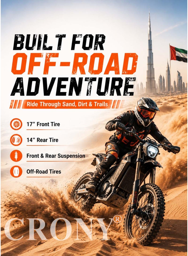 CRONY-08 4500W Electric Dirt Bike, 60V 27AH Battery, 35-55-80KM/H 3-Speed Modes, 55-75KM Range, E-Dirt Bike, Electric Off-Road Motorcycle, Electric Motorbike, Off-Road Bike, Trail Bike, Enduro Motorcycle, Dual Suspension, Disc Brakes, 17/14 Inch Off-Road Tires, 130KG Max Load, LED Headlight, Bluetooth Speaker - Image 5