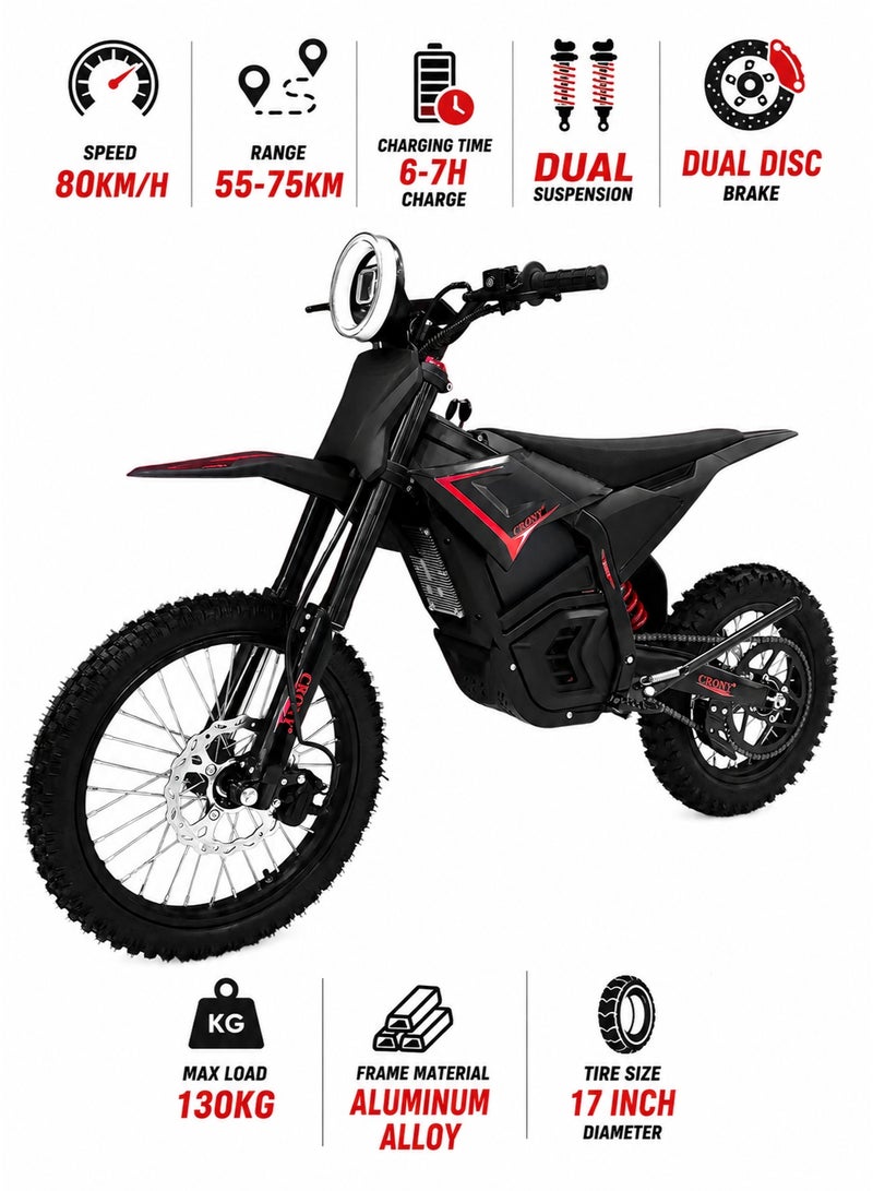 CRONY-08 4500W Electric Dirt Bike, 60V 27AH Battery, 35-55-80KM/H 3-Speed Modes, 55-75KM Range, E-Dirt Bike, Electric Off-Road Motorcycle, Electric Motorbike, Off-Road Bike, Trail Bike, Enduro Motorcycle, Dual Suspension, Disc Brakes, 17/14 Inch Off-Road Tires, 130KG Max Load, LED Headlight, Bluetooth Speaker - Image 1