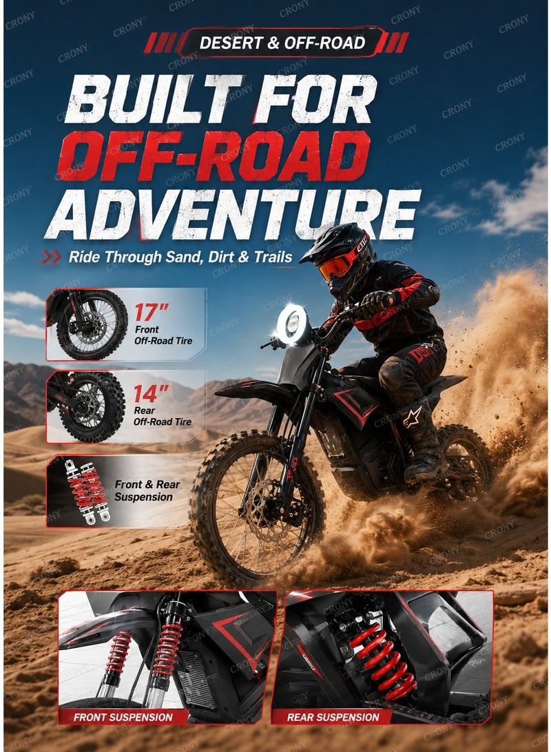 CRONY-08 4500W Electric Dirt Bike, 60V 27AH Battery, 35-55-80KM/H 3-Speed Modes, 55-75KM Range, E-Dirt Bike, Electric Off-Road Motorcycle, Electric Motorbike, Off-Road Bike, Trail Bike, Enduro Motorcycle, Dual Suspension, Disc Brakes, 17/14 Inch Off-Road Tires, 130KG Max Load, LED Headlight, Bluetooth Speaker - Image 4