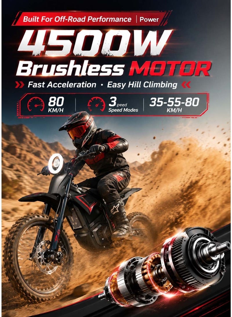 CRONY-08 4500W Electric Dirt Bike, 60V 27AH Battery, 35-55-80KM/H 3-Speed Modes, 55-75KM Range, E-Dirt Bike, Electric Off-Road Motorcycle, Electric Motorbike, Off-Road Bike, Trail Bike, Enduro Motorcycle, Dual Suspension, Disc Brakes, 17/14 Inch Off-Road Tires, 130KG Max Load, LED Headlight, Bluetooth Speaker - Image 2