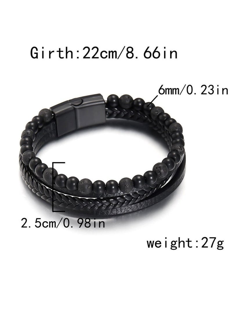 Mens Tiger Eye Matee Black Onyx Lava Rock Volcanic Stone Beaded Bracelet, Black Braided Leather Bracelet for Men - Image 4
