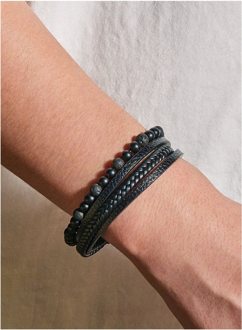 Mens Tiger Eye Matee Black Onyx Lava Rock Volcanic Stone Beaded Bracelet, Black Braided Leather Bracelet for Men - Image 2