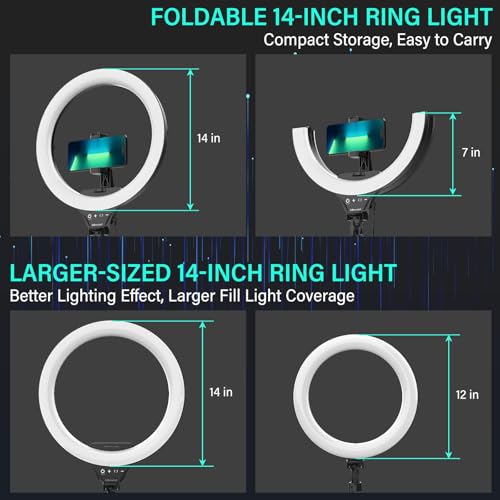 UBeesize 14 LED Foldable Ring Light with 62 Tripod Stand Selfie Ring Light for Video Recording Live Streaming TikTok YouTube Compatible with iPhone Android Black - Image 3