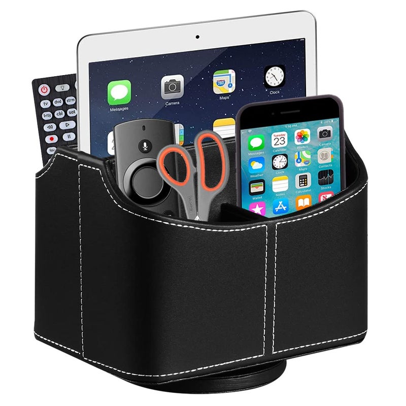 Arniche PU Leather Remote Control Holder,360 Degree Spinning Desk TV Remote Caddy,Desk Organizers and Accessories,for Controller,Media,Mail,Calculator,Mobile Phone,Pen Storage Holder(Black) - Image 1