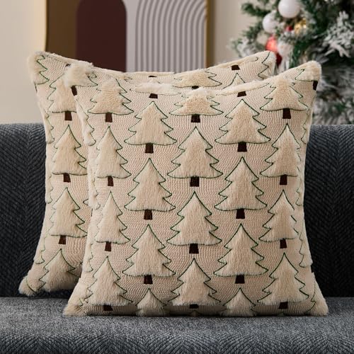 Allorry Christmas Pillow Covers 20x20 inch Set of 2 Christmas Decorations Soft Plush Faux Fur Wool Beige Xmas Tree Throw Pillow Cases Winter Holiday Decor for Sofa Living Room PT012C20 - Image 1