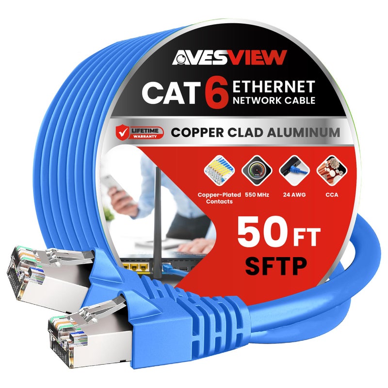 AvesView CAT 6 Shielded Ethernet Cable 50FT, Indoor High-Speed (SFTP) 10Gbps Snagless Shielded 50 FT Ethernet Cable for Internet, Router, Computer, PlayStation, Xbox, POE Camera, Printer - Blue - Image 1