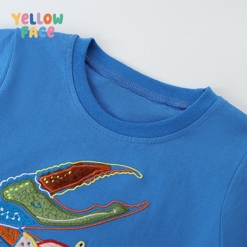Summer Boys Short Sleeve T-Shirt with Crab Embroidery, Round Neck, Cotton, Royal Blue - Image 3