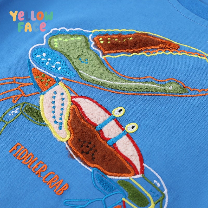 Summer Boys Short Sleeve T-Shirt with Crab Embroidery, Round Neck, Cotton, Royal Blue - Image 4